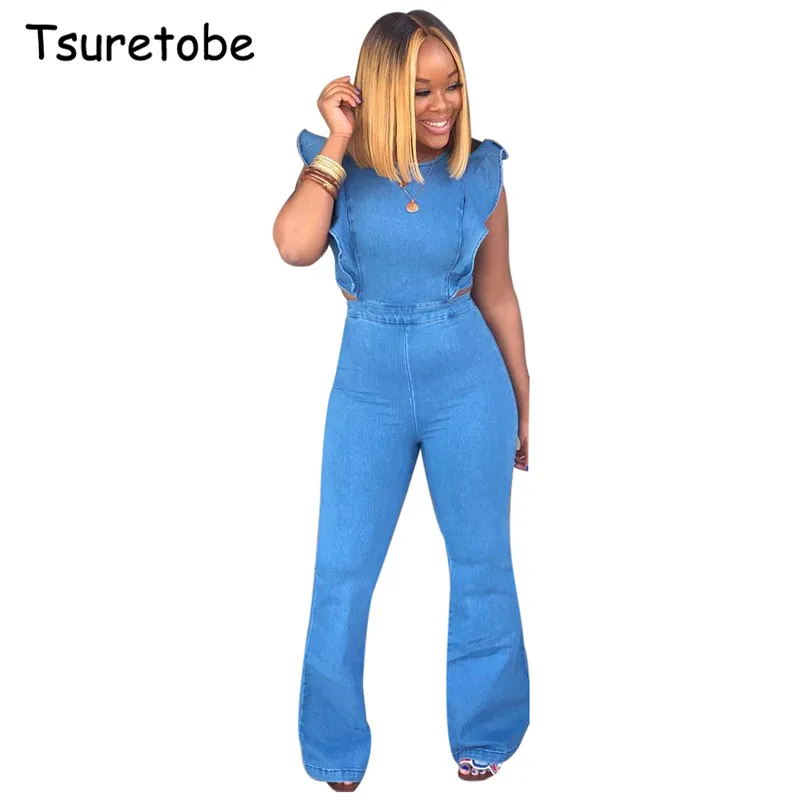 

Tsuretobe Casual Flare Sleeve Denim Jumpsuit Women Fashion Hollow Out Jeans Bodysuit Ladies High Quality Loose Long Pants Female
