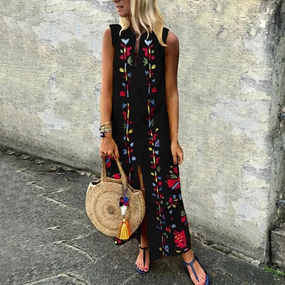 

Boho Womens Floral Printed Dress 2019 Summer Sexy Sleeveless Party Long Shirt Dresses Femme Casual Loose Vestidos Plus Size BB3