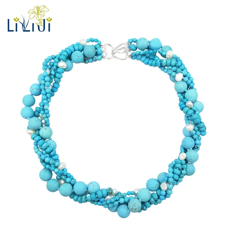 Lii Ji Dye Blue Color White Turquoise Freshwater Pearl 5 offers 925 Sterling Silver Necklace Approx 46cm