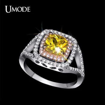 

UMODE Luxurious Two Tone Ring Rare Shiny Cushion Cut Yellow CZ Stone Jewelry Halo Engagement Rings Wedding Band UR0143