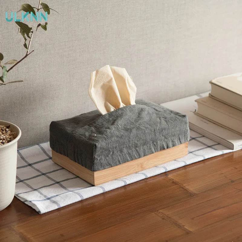 

Bamboo and Fabric Tissue Box Holder for Home Office and Car Household Decoration