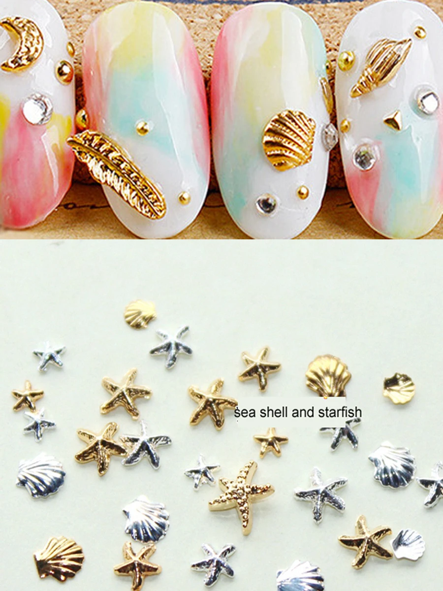 

0HTRT 3D Metal Sea Shell Starfish 100pcs/pack 3d Gold Silver 3MM&5M Alloy Starfish Design Nail Rhinestone Studs UV Gel ,#2444101