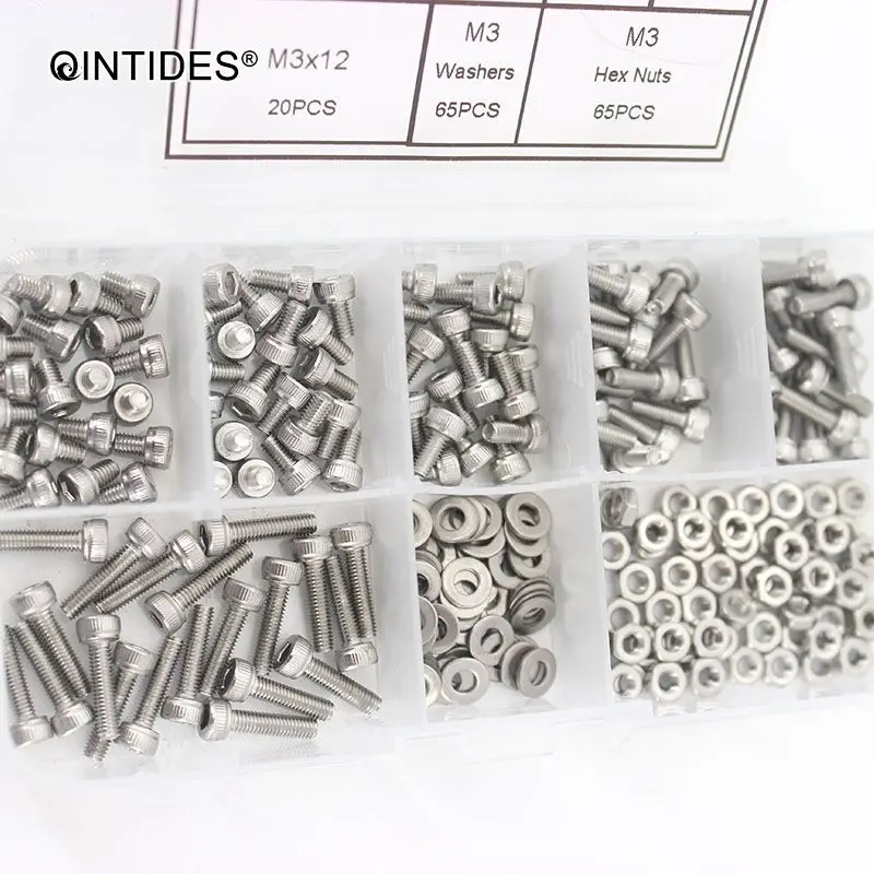 QINTIDES 250Pcs/set DIN912 M1.6 M2 M2.5 M3 304 Stainless Steel Hexagon Socket Head Cap Screws Bicycle Hex Bolts Assortment Kit