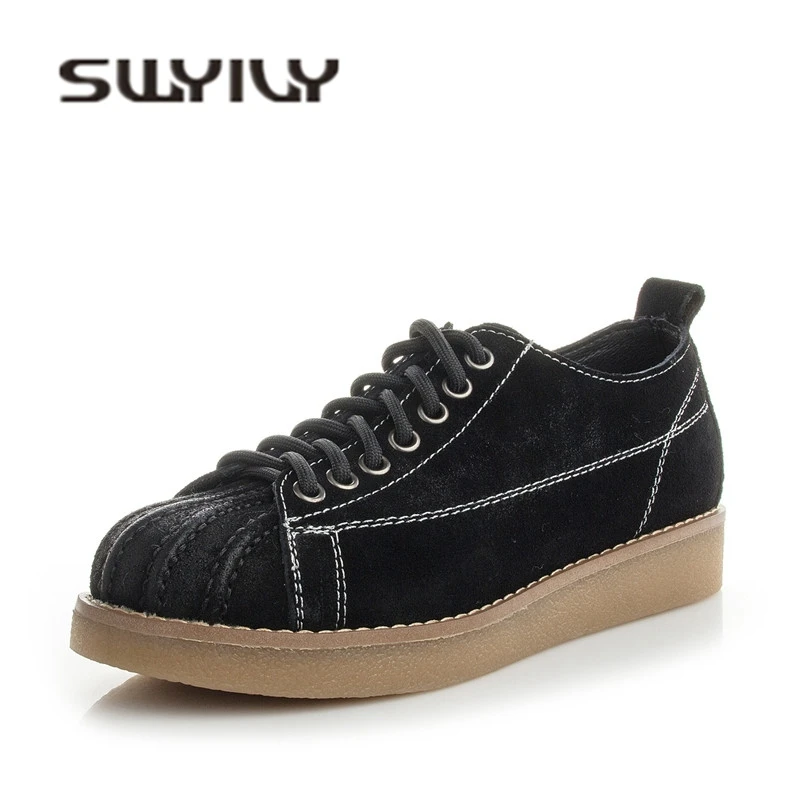 SWYIVY Genuine Leather Female Sneakres Shoes Flats 2018 Autumn Woman Retro Casual Shoes Breathable Lady Single Sneakers Shoes