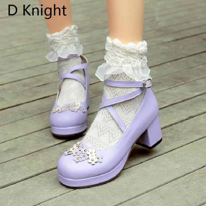 Lolita Shoes Women Pumps Round Toe Cross Straps Bow Cute Girls Princess Tea Party Shoes High Heels Student Lovely Shoes Size 48  (10)