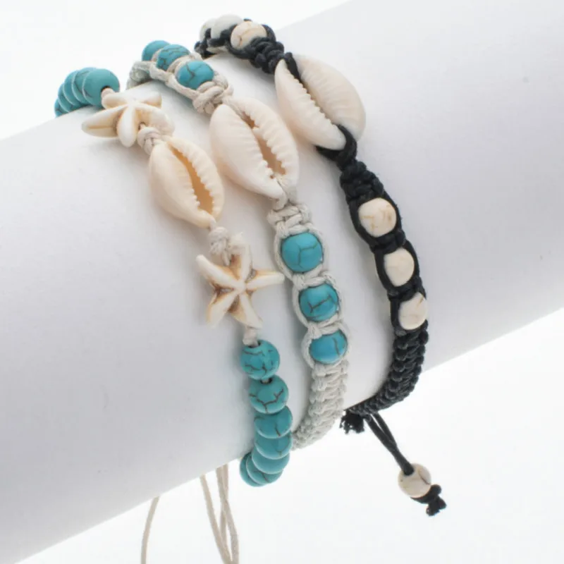 

Adjustable Rope Natural Stone Shell Starfish Bracelets Braided Chain Bracelet Anklet Wristband Handmade Holiday Beach Jewelry