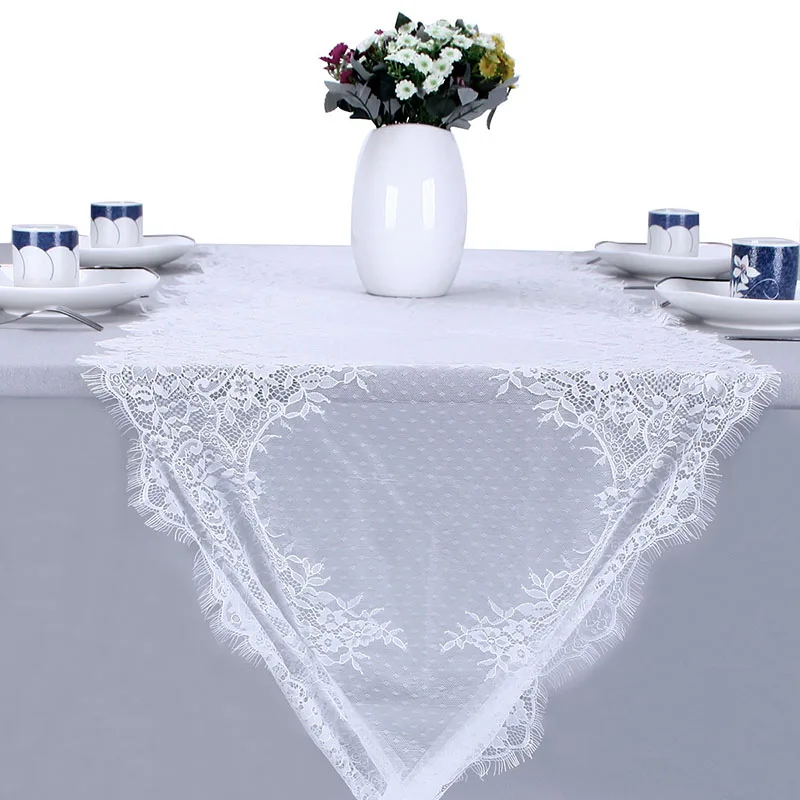 

55X300cm Wedding White Lace Flower Table Runner White Ribbon Bow Tablecloth Wedding Birthady Party Decoration