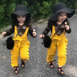 2019 Новая мода для маленьких девочек желтый комбинезоны рюшами ремень ползунки комбинезон с длинными штанами детская повседневная одежда