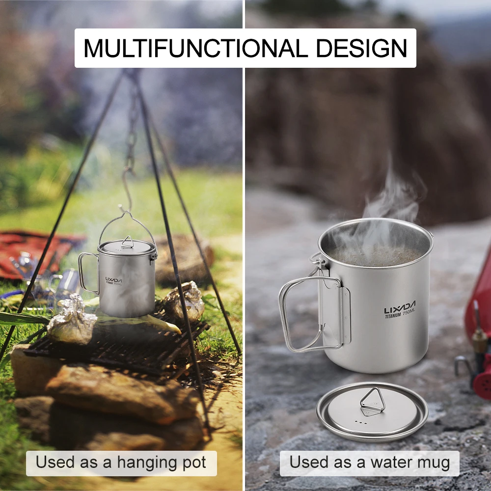 Camping Cookware Outdoor Pot 3 Pieces Titanium 750ml Pot 420ml Water Cup Mug Lid Handle Folding Spork For Outdoor Camping Picnic Backpacking