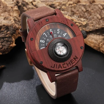 

Creative New Mens Walnut Wood Watch Male Wooden Leather Real Natural Rosewood Men Wrist Watch Men's Compass Turntable Wristwatch