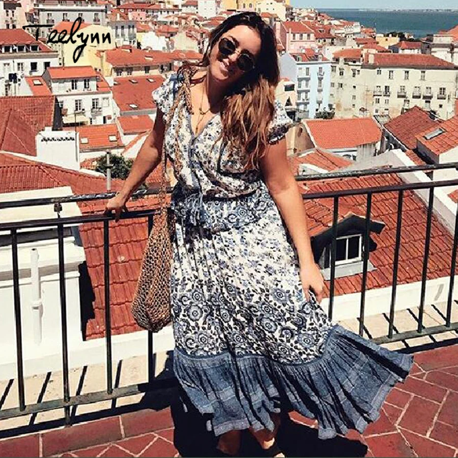 

TEELYNN 2018 Boho blouse bule floral print short sleeves rayon blouses tassel drawstring waist hippie Bohemia women top Blusas