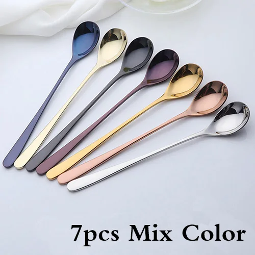 Mix 7pcs " длинная ручка ложка для льда из нержавеющей стали чайная ложка розовое золото кофейная ложка Золотое фруктовое смешивание, перемешивание десертная ложка для холодных напитков - Цвет: Mix 7pcs