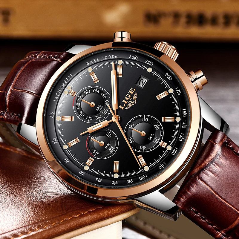 2018New LIGE Mens Watches Top Brand Luxury Leather Quartz Watch Men Military Sport Waterproof Clock Gold Watch Relogio Masculino