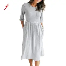 Элегантное женское платье, 3/4, рукав-шар, в полоску, высокая талия, платье с карманами, о-образный вырез, а-силуэт, платья vestidos mujer/PT