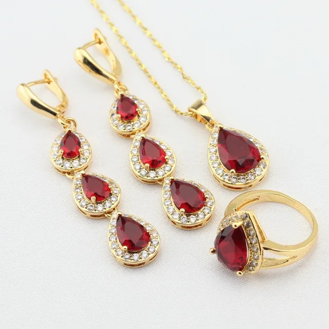 Wpaitkys Red Created Garnet Gold Color Jewelry Sets For Women Long Wpaitkys Red Created Garnet Gold Color Jewelry Sets For Women Long Earrings Necklace Pendant Rings Free