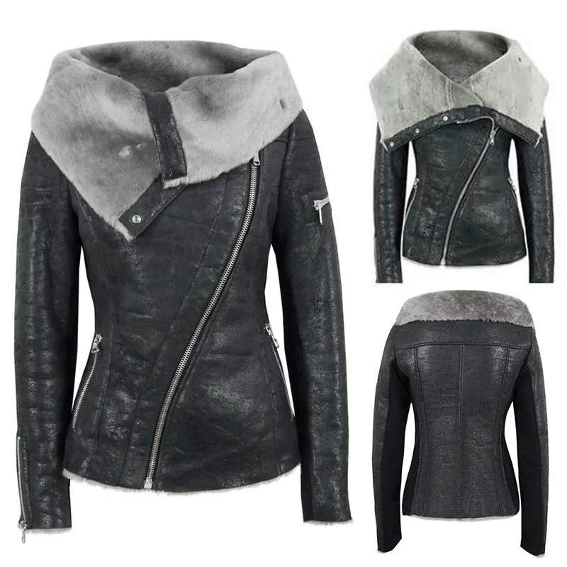 Hot Fashion Female Faux Fur collar Leather Jackets Women Faux Leather Warm Overcoats Winter Turn-Down Collar Short Outerwear