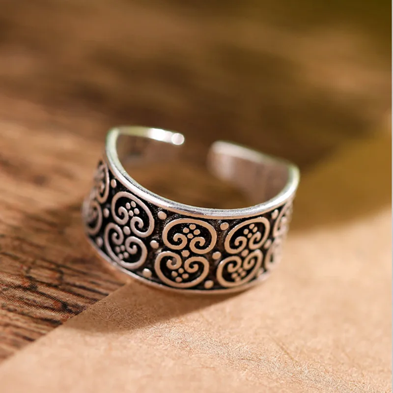Серебрянное кольцо с Синим Опалом 925 кольца из стерлингового серебра для широкого поверхности цветочный дизайн Винтаж тайская бижутерия открытым кольцо для влюбленных лучший подарок