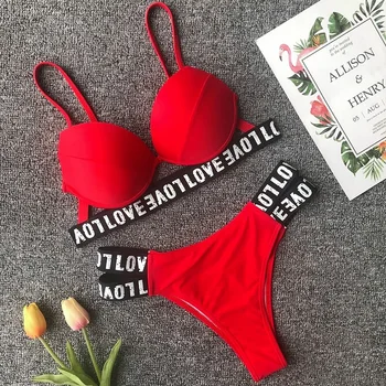 

2019 Sexy Bikini Women Swimsuit Push Up Swimwear Printed Letters solid Bikini Set Beach Bathing Suit Swim Wear