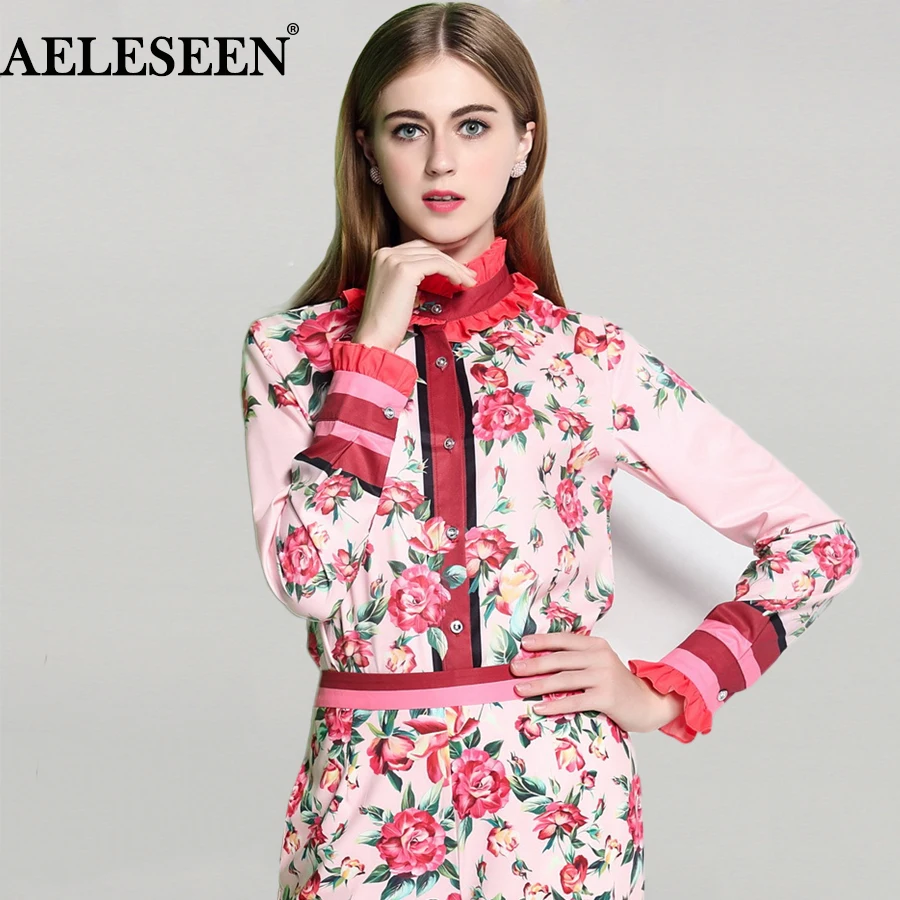 Najtaniej Moda Pełna Rękaw Koszule 2019 Lato Nowy, Luksusowy Kobiety R oacute;żowe Słodkie Koszula Floral Wydrukowano Potargane Collar Kobiety Projektant Bluzki
