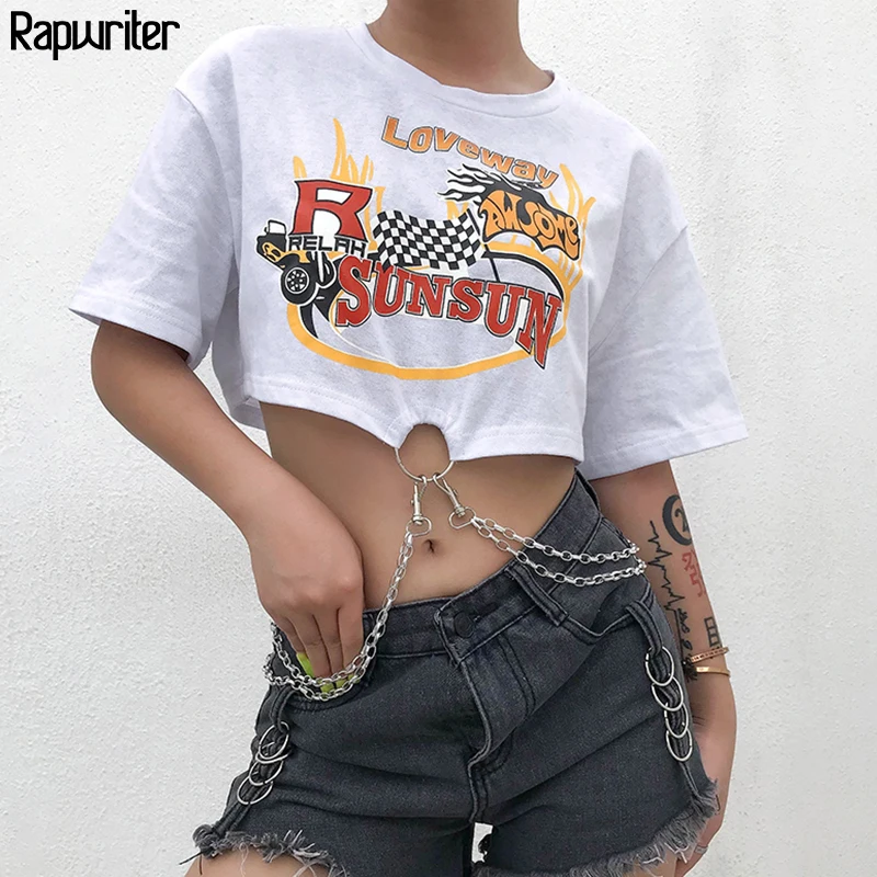 

Rapwriter Punk Style Letter Print Chain Patchwork Loose Crop Top Women 2019 Summer Streetwear O-Neck Half Sleeve Short T-Shirt