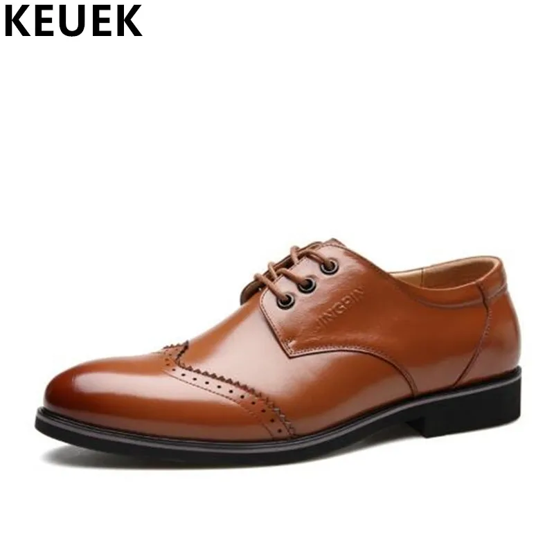 

Spring Autumn Men Casual leather shoes Pointed Toe Lace-Up Genuine leather Brogue Shoes Luxury dress shoes Male Flats Oxfords 3A