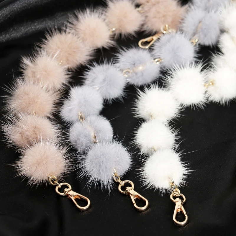 Replacement Bag Strap Real Mink Fur Ball Pompom Handbag Should Handle For Women Purse Belts Charm Winter Accessories R35