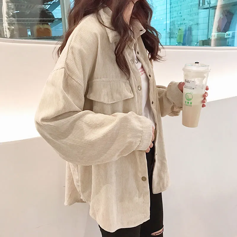 Cena 2019 nowych moda kobieta sztruksowa kurtka koszulka solid pojedyncze piersi skręcić w dół kołnierz z długim rękawem kieszeń przycisk Feminina T8D501Z