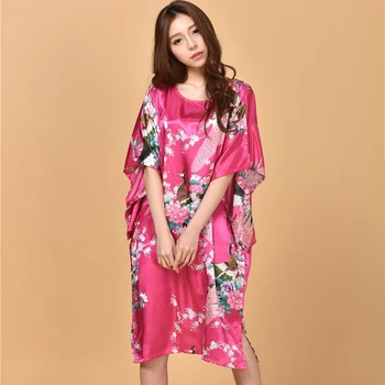 

Ladies Nightgown Sleepwear 2017 Fashion Round Collar Women Rose Printed Nightwear For Summer Spring Loose Bathrobe