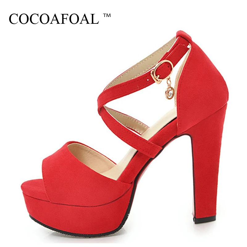 

COCOAFOAL Women Peep Toe Sandals Plus Size 32 - 43 Wedding Rhinestone Sandals Party Black Gray Pink Red Heel Height Shoes 2018