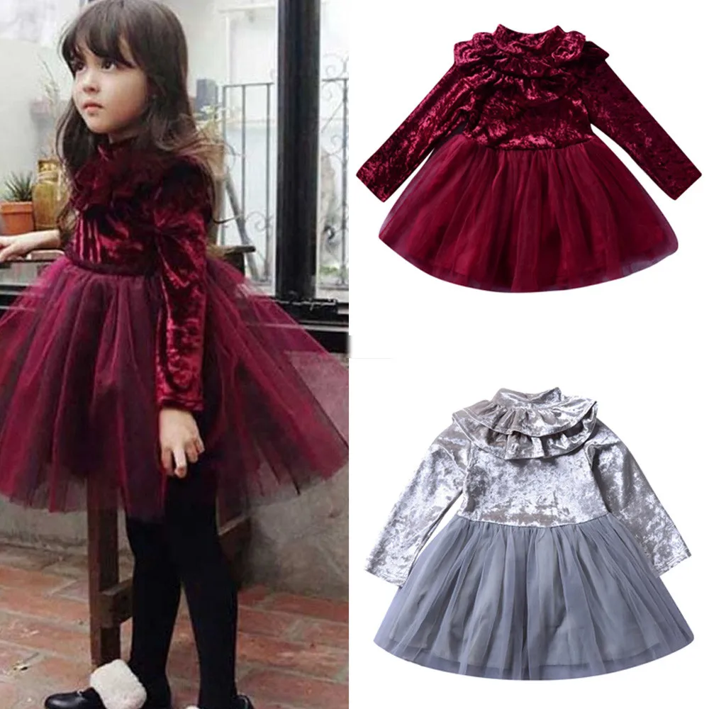 

Flower Girls Party Dress Autumn Long Sleeves Ruffles Solid Dresses Formal Bridesmaid Wedding Girl Vestido Children Dress