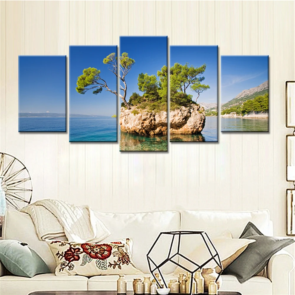 2017 Promotion Sale Drop Shipping 5 Pieces Seaside Island Sky Painting On Canvas Art Coloring Home Decor Wall Pictures Unframed | Дом и сад