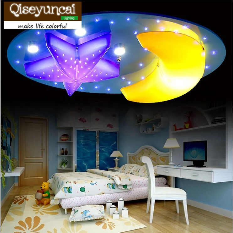 Qiseyuncai Cartoon Stars and moon Children Ceiling lamps Kids Bedroom Remote controlled dimming Chandelier