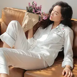 2019 новые весенние летние пижамы женские корейские с длинным рукавом лед шелк тонкий сплошной цвет сладкий Шелковый кардиган Домашняя