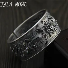 Fyla Mode Antique Thai Silver S990 Wide Cuff Bracelet Fashion Bangle Jewelry Gift Women Girl Hollow Flower Bangles 26.70mm 40G