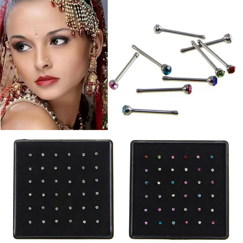 Nose Ring Studs Crystal Rhinestone Bulk Bone Straight Stud Bar Piercing Nose Ring Jewelry & Accessories 36 Pcs/Pack