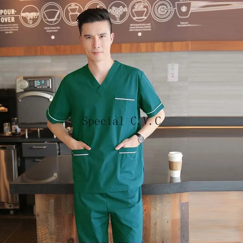 Men's Scrubs Set Pure Cotton Doctor Uniforms Classic V-neck Short Sleeve Shirt with Side Vent + Elastic Waistline Pants