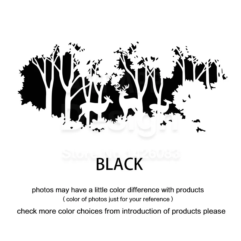 Художественная Виниловая наклейка для украшения дома нового дизайна, олени в лесу, настенные Стикеры, съемные дешевые ПВХ Наклейки для декора дома, деревья и животные - Цвет: Black