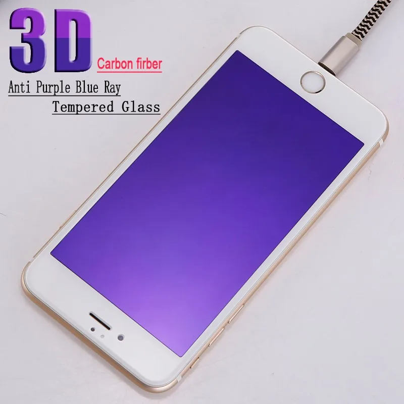 

100pcs 0.3mm Carbon Fiber Anti purple blue ray 3D full covered Tempered Glass Screen Protector For iPhone X/6s/6 plus /7/8 plus