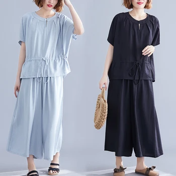 

#0911 Summer Bat Sleeve T Shirt And Wide Leg Pants Women Loose Casual Two Piece Set Drawstring Top Elegant Casual 2 Piece Set