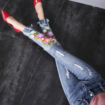

Summer Spring 2018 Woman Colored Flower Ripped Tassel Denim Trousers , Embroidery Stretch Skinny Pencil Jeans Pants For Women