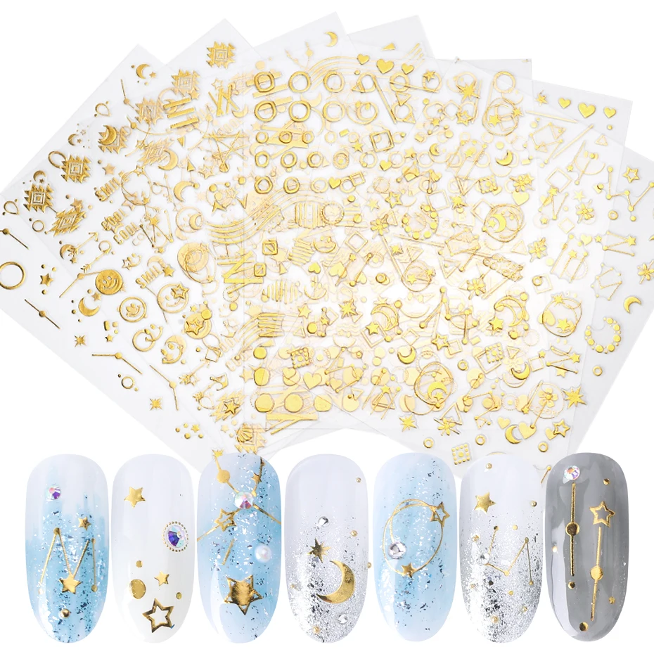 8 шт., стикеры 3D на ногти Nail Art, золотые, серебристые, Микс дизайнов, Слайдеры для ногтей, клейкие, для маникюра, украшения для ногтей, SACB133-141-1