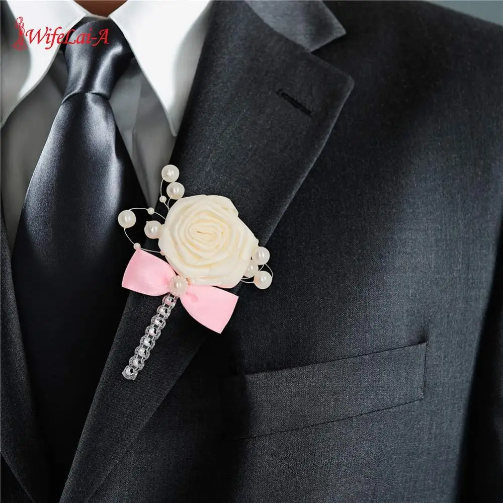 

2pcs / lot Custom Made Ribbon Pearl Boutonniere Rose Flowers For Men Wedding Brooch Boutonnieres Handmade Bow Groomsmen X8715