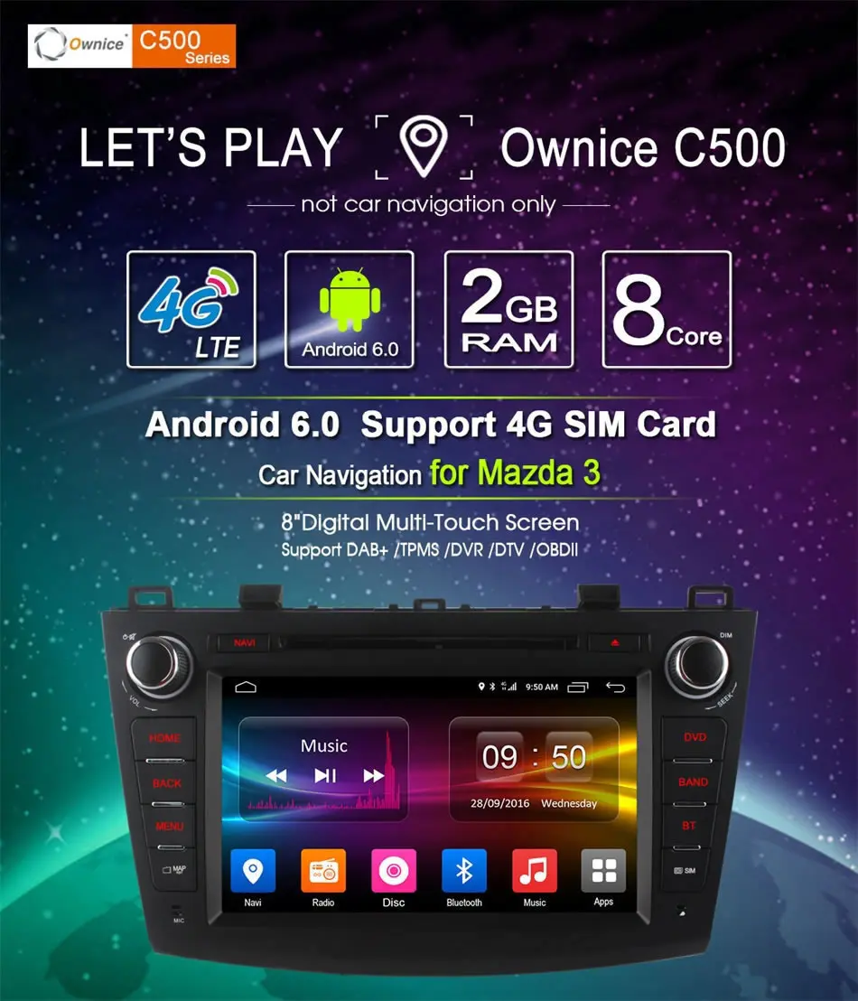 Top Ownice C500 Octa 8 Core Android 6.0 Car DVD player For Mazda 3 2008-2013 WIFI Radio GPS Navi OBD DVR 2GB RAM 32GB ROM Support 4G 4