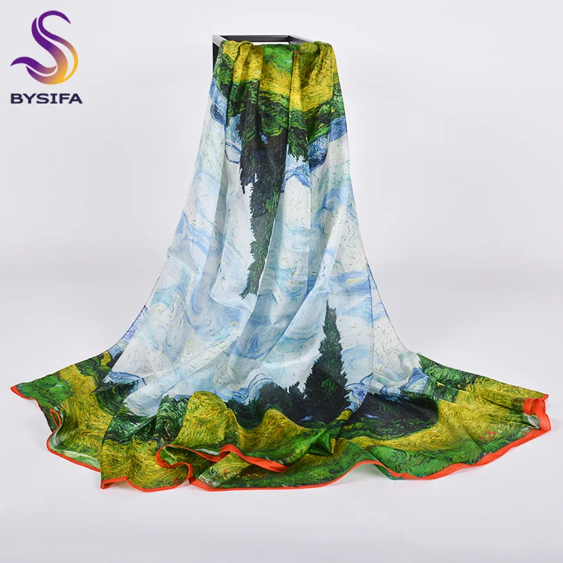 [BYSIFA] синий зеленый шелковый шарф Shaw Foulard Femme, новинка, Роскошные, чистые шелковые длинные шарфы, обертывания, Осень-зима, Дамский шейный шарф