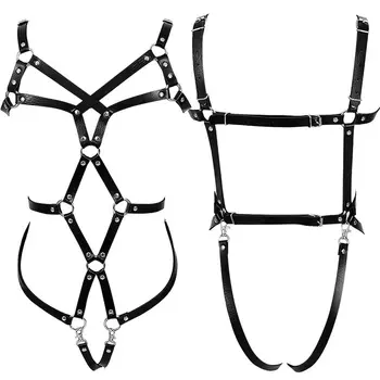 

Pu Leather Harness Set Body Bondage Cage Bra Black Sexy Punk Goth Adjust Hollow Out Lingerie Party Dance Rave Garter for Women
