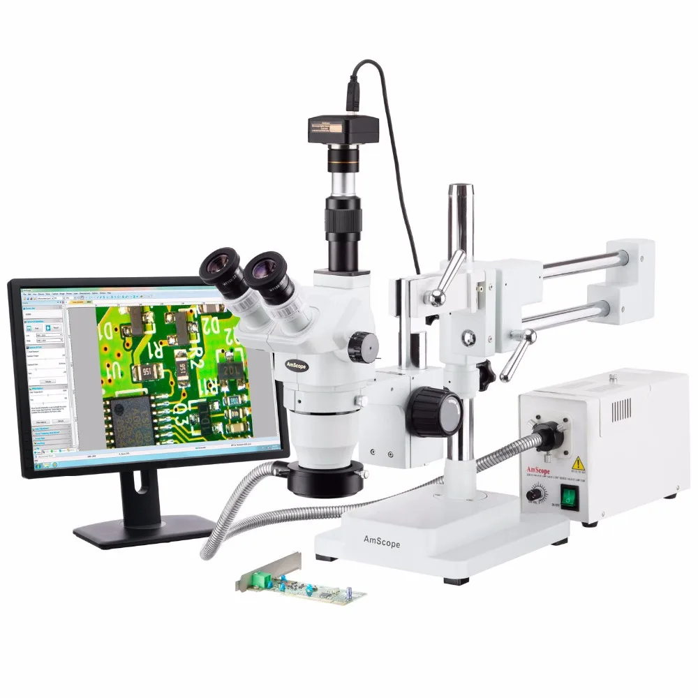 

AmScope 2x-225x Trinocular Boom Stand Stereo Zoom Microscope + 9MP Camera