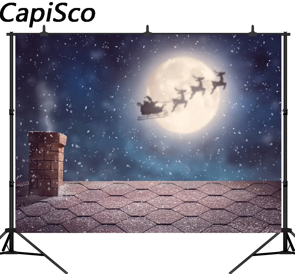 Capisco Merry Christmas Santa Claus Flies Sleigh Full Moon Night Sky winter snow photo background puter print party backdrop in Background from Consumer