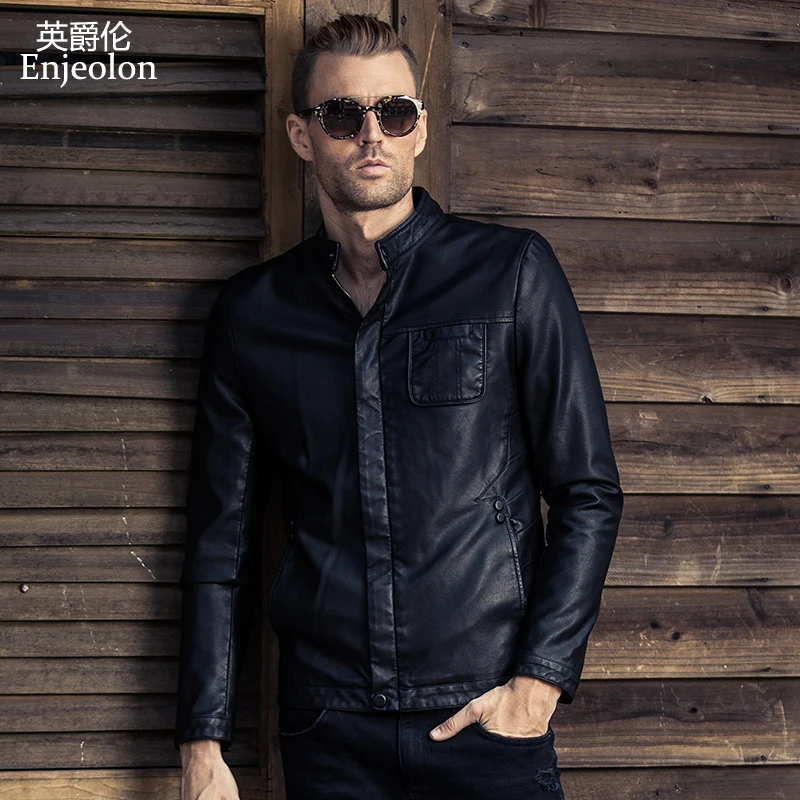 

Enjeolon brand Motorcycle leather jacket men slim pu leather jacket for men motorcycle leather coat black mens clothing P237