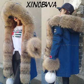 

Removable Large Real Raccoon Fur Collar Women Winter Parkas Jackets Female Embroidery Jeans Cotton Thick Warm Faux Lining Coats