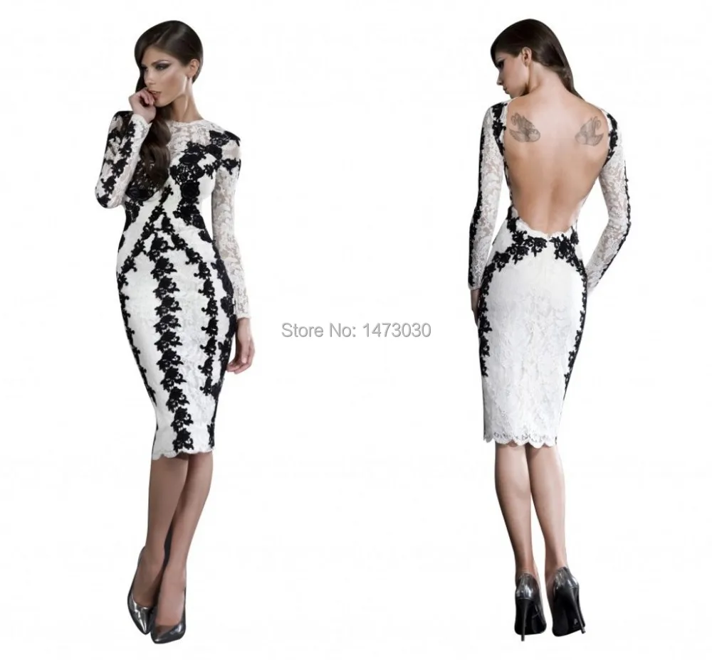 New Design High Quality Custom Made Sheath Black And White Lace Long Sleeves Short Evening Dress